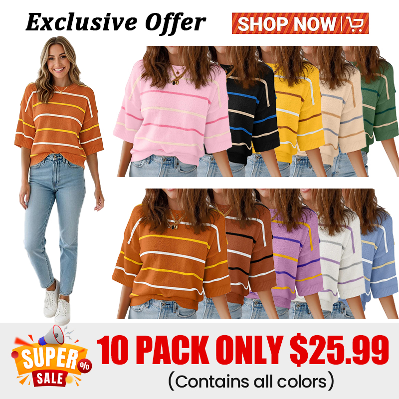 2026 Spring/Summer Women's Short Sleeve Striped Sweatshirt - Soft Breathable Fabric Crew Neck Pullover Top for Daily Wear