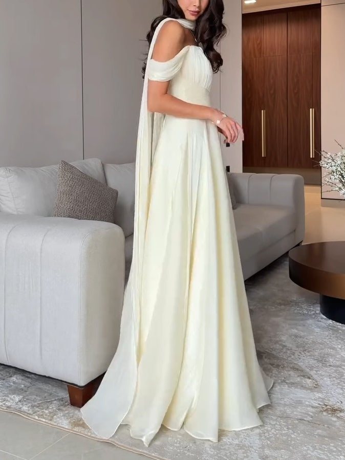 Cream Ribbon Off-shoulder Pleated Maxi Dress