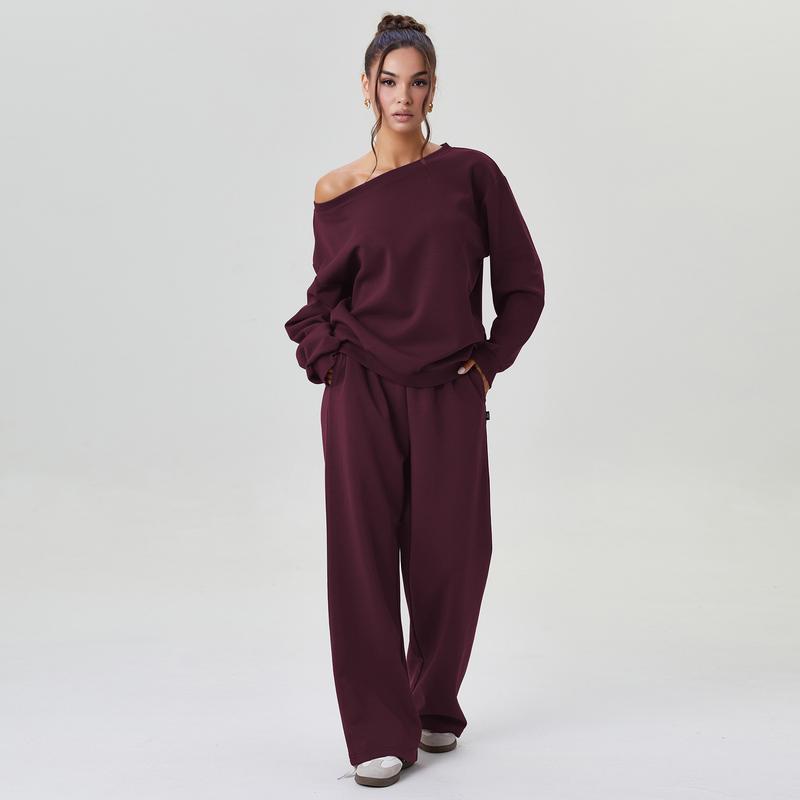 Women's Leisure Solid Color Sloping Shoulder Long Sleeve Top & Wide Leg Trousers Co-ord, Cozy Scoop Neck Loose Two Piece Outfits, Basic Womenswear