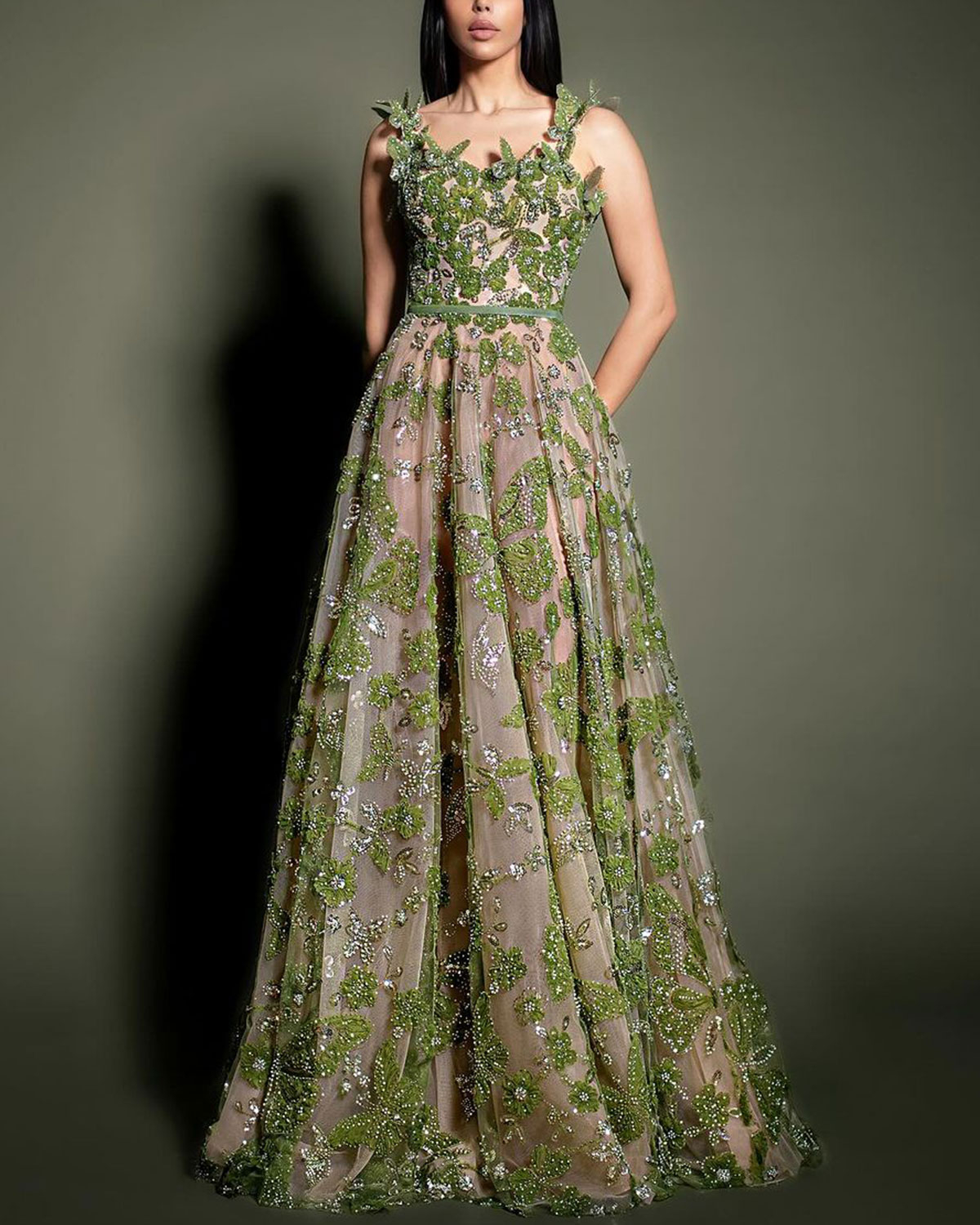 Green Embroidered Sequin Dress