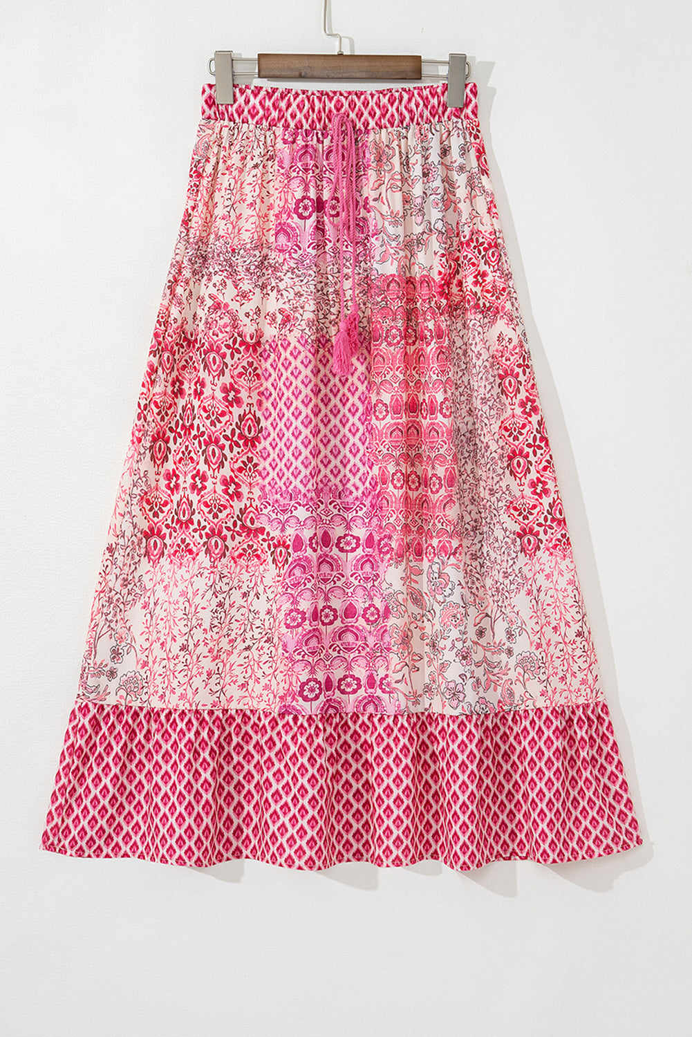 Red Boho Pattern Print Tassel Drawstring High Waist Maxi Dress