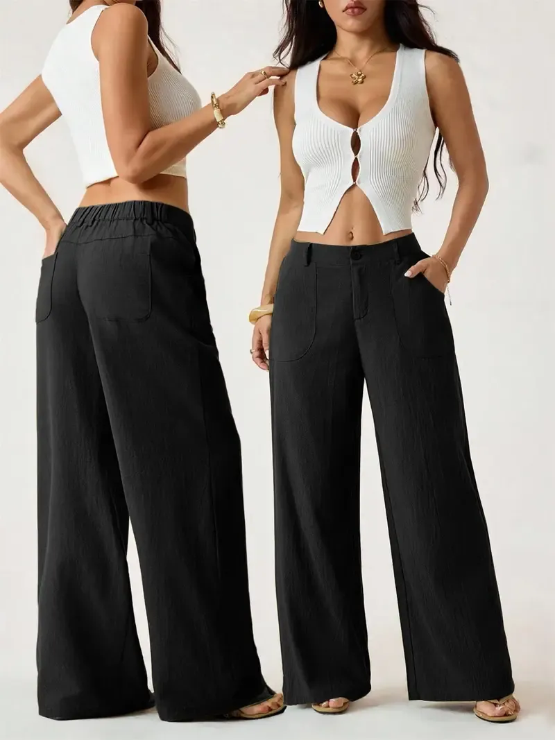 Women's Classic Linen Wide-Leg Pants — Flowy, Wide-Straight Beach Trousers for Summer (With Pockets)