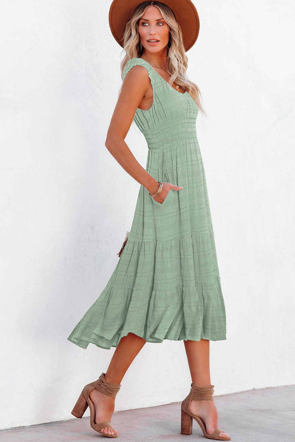 Sky Blue Shirred Pleated Square Neck Sleeveless Midi Dress