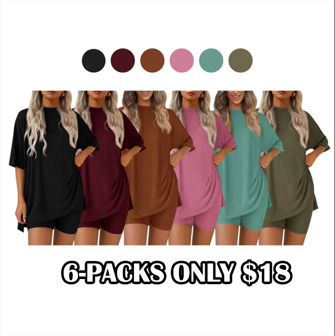 🔥Last Day Promotion ! Women Summer Casual Oversized Split Hem Shirts & Side Pocket Biker Shorts