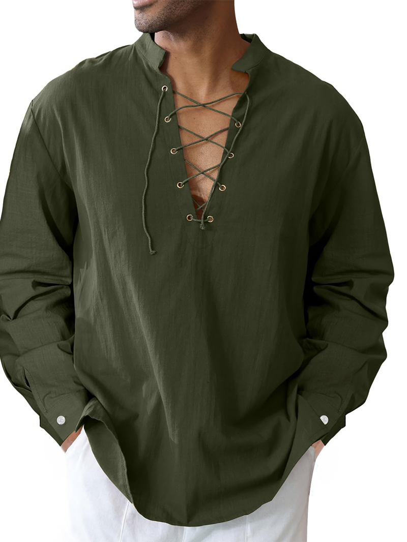 Men's cotton and linen shirt with drawstring sleeves