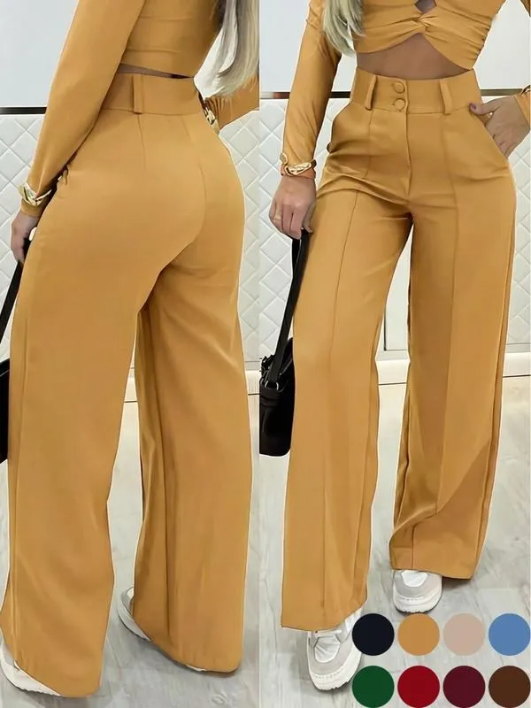 Women's Simple Wide-Leg Pants with Double Button Front