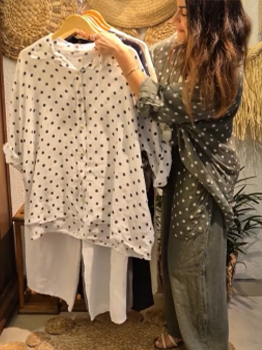 Casual Polka Dot Linen And Cotton Shirt And Trousers Two-piece Set