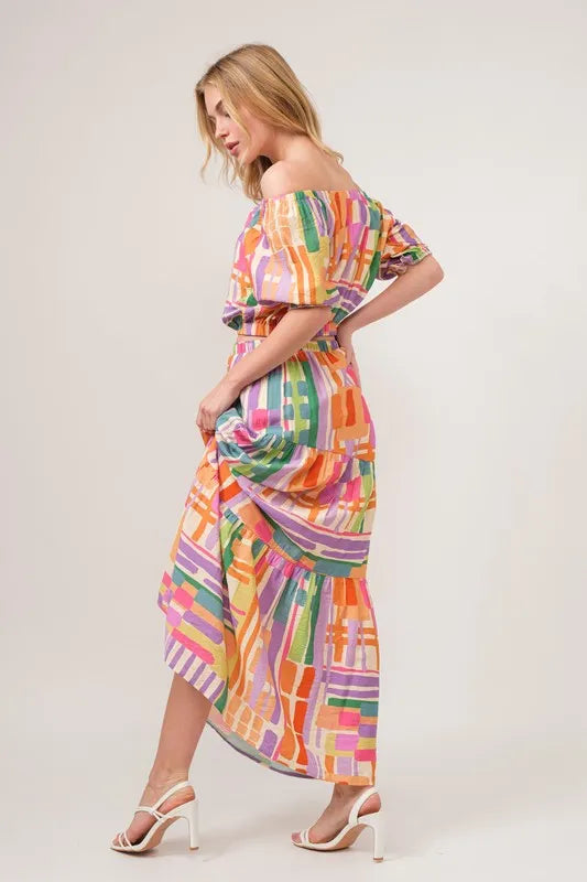 Asymmetric Geo Printed Tiered Maxi Skirt