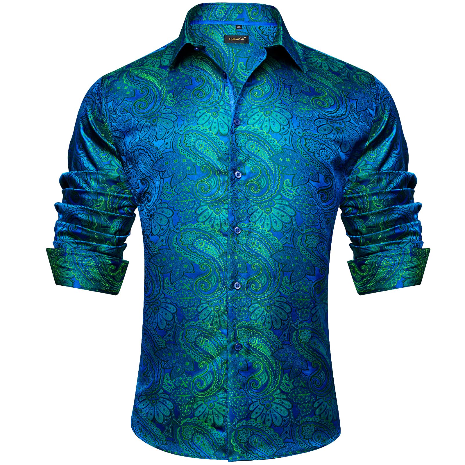 Men's Paisley Dress Shirt Long Sleeve Wrinkle Free Button Down Cowboy Shirts - Teal&green&paisley