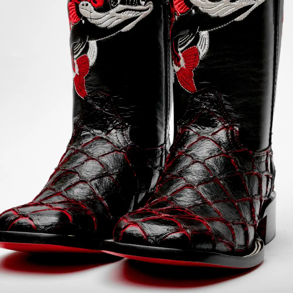 Black Cherry Pirarucu Leather Boots - Square Toe