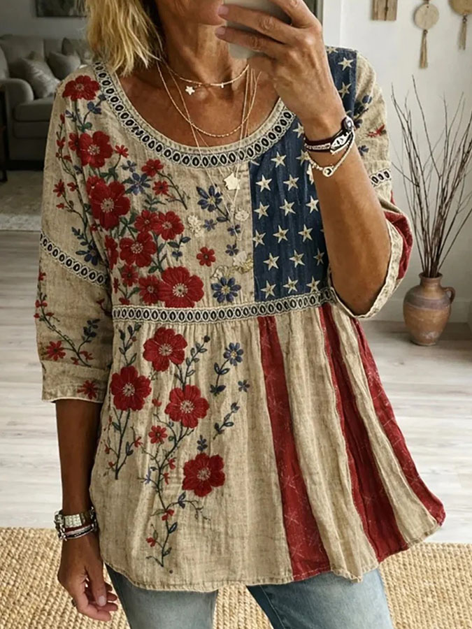 Women's American Flag Printed Cotton and Hemp Top