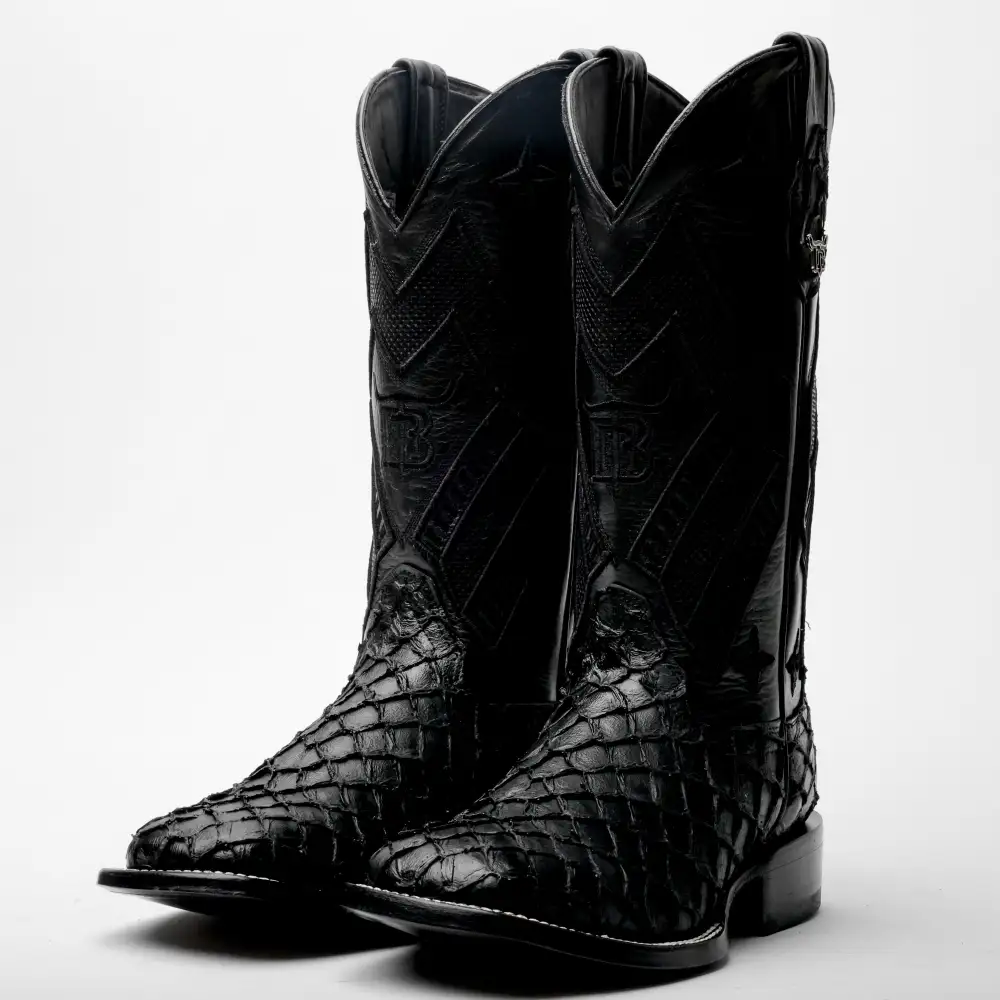 TOTAL BLACK Mini Pirarucu Leather Boots - Square Toe