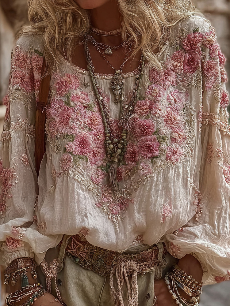 Women's Vintage Floral Embroidery Casual Crew Neck Shirt