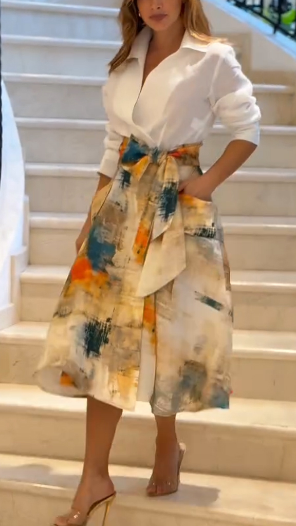 Women Lapel Shirt + Printed Skirt Casual Suit