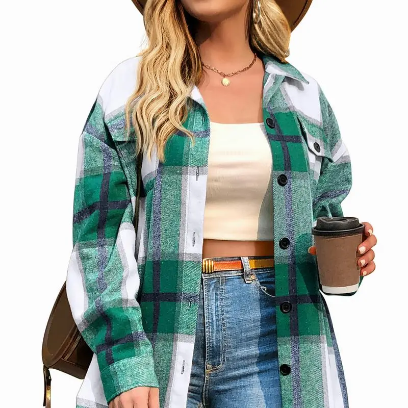 Womens Plus Size Shacket Jacket Flannel Plaid Long Sleeve