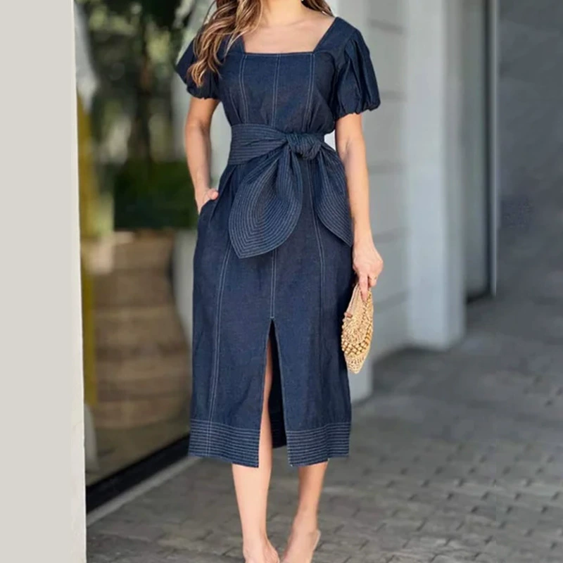Women's Retro Fitted Square Neck Denim Dress
