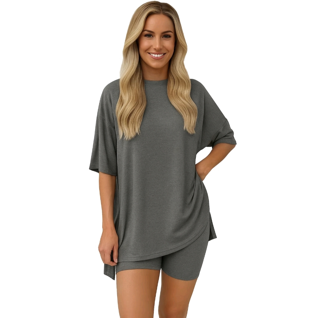 Women's Casual Wear, Summer, 2-Piece Suit, Pajamas, Casual Loose, Short-SleevedShorts, Airport Travel Wear, Hem Slits, HomeWear