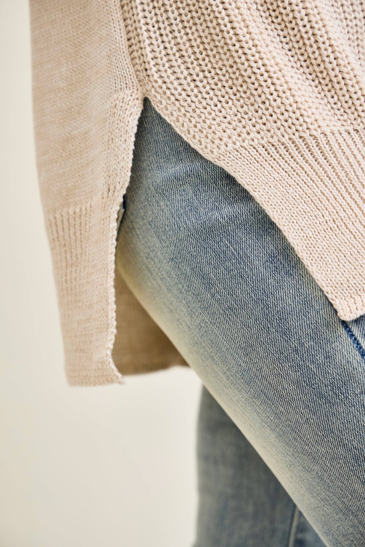 Slouchy V-Neck Off Shoulder Beige Sweater