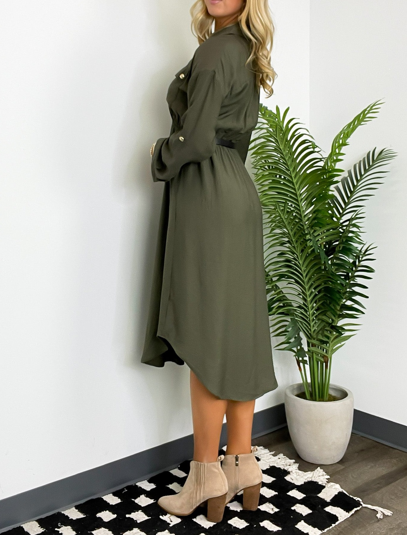 Adeline Button Down Belted Midi Dress