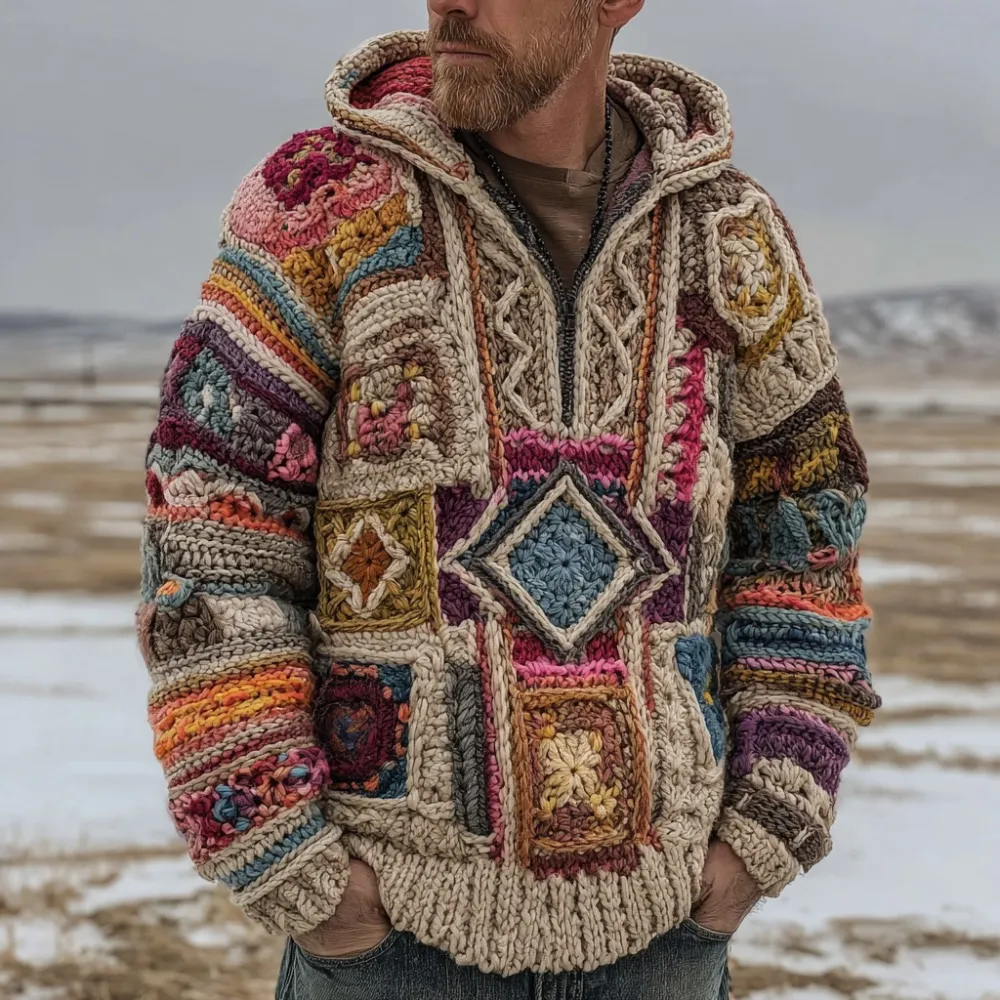 Men's Fair Isle Geometric Crochet Jacquard Warm Half-zip Hooded Sweater