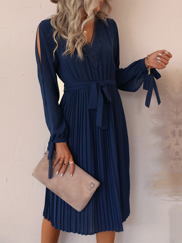 Hollow-Out Long-Sleeve Skirt Pleated V-Neck Lace Panel Dress