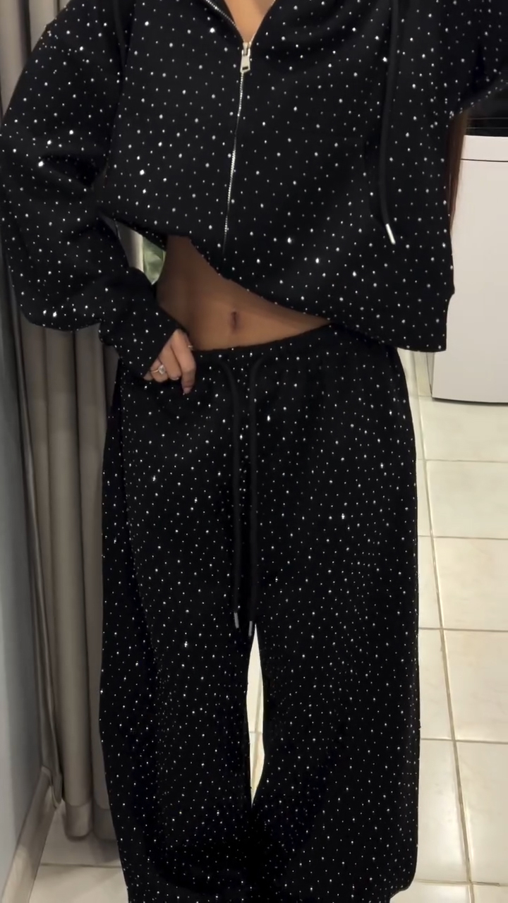 Women Round Neck Hooded Hot Stamping Rhinestone Casual Set