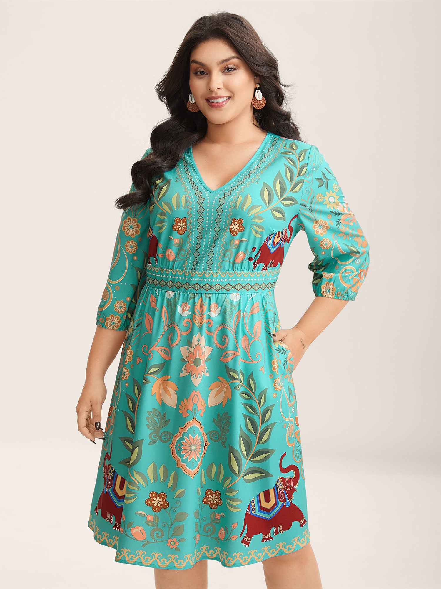 Boho Print V-Neck Pockets Mini Dress