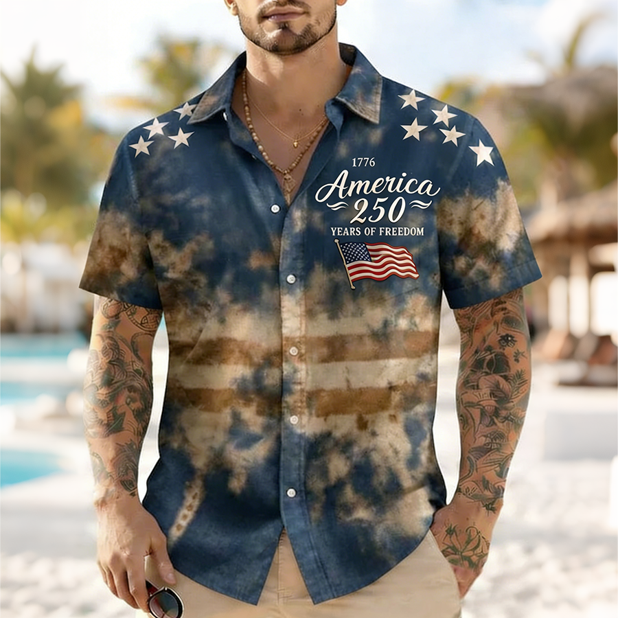 Men'S Casual American Eagle Flag Five Pointed Star Tie Dye Art Printed Shirt