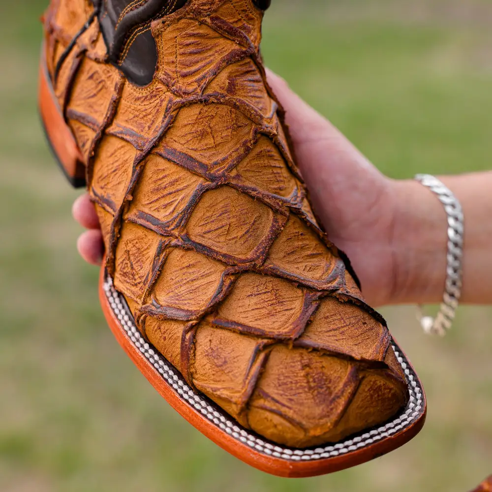 Matte Rustic Honey Pirarucu Leather Boots - Square Toe