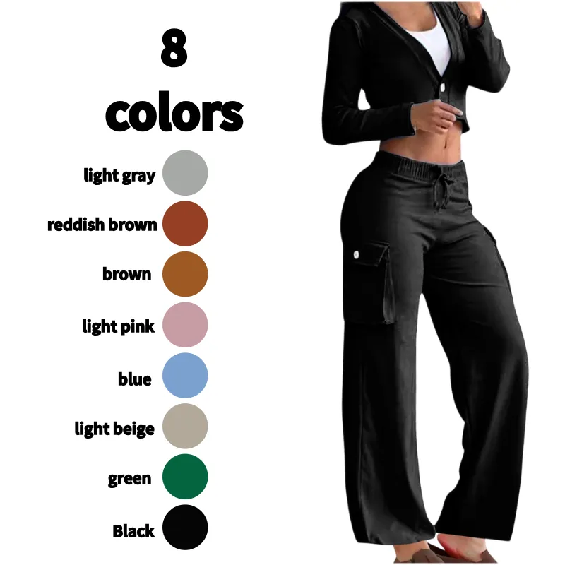 2 Piece Set for Women Casual Suit Cardigan Button with Pocket