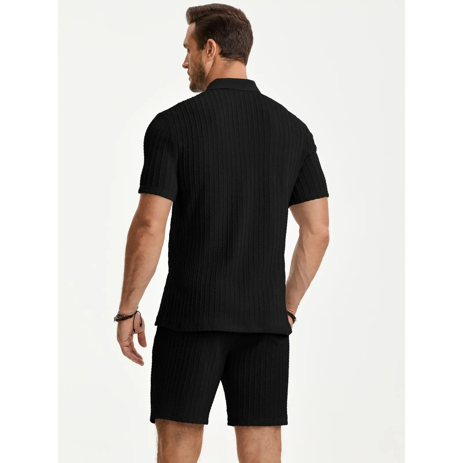 Men 2 Piece Jacquard Knit Lounge Sets Short Sleeve Polo Shirt and Shorts Sets Summer Outfits with Pockets