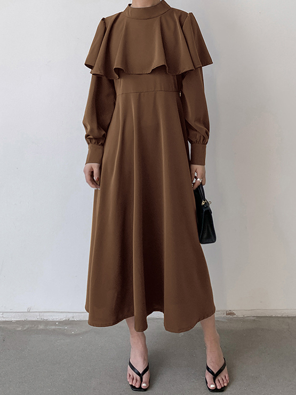 Ruffle Trim Solid Color Tied Waist A-Line Long Sleeves Mock Neck Midi Dresses