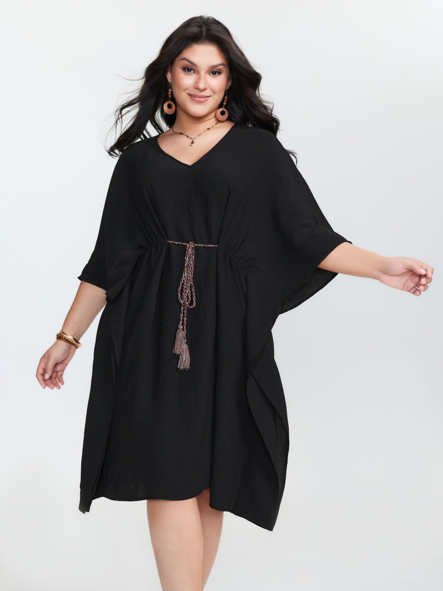 Dolman Sleeve Colorful Drawstring Waist Mini Dress
