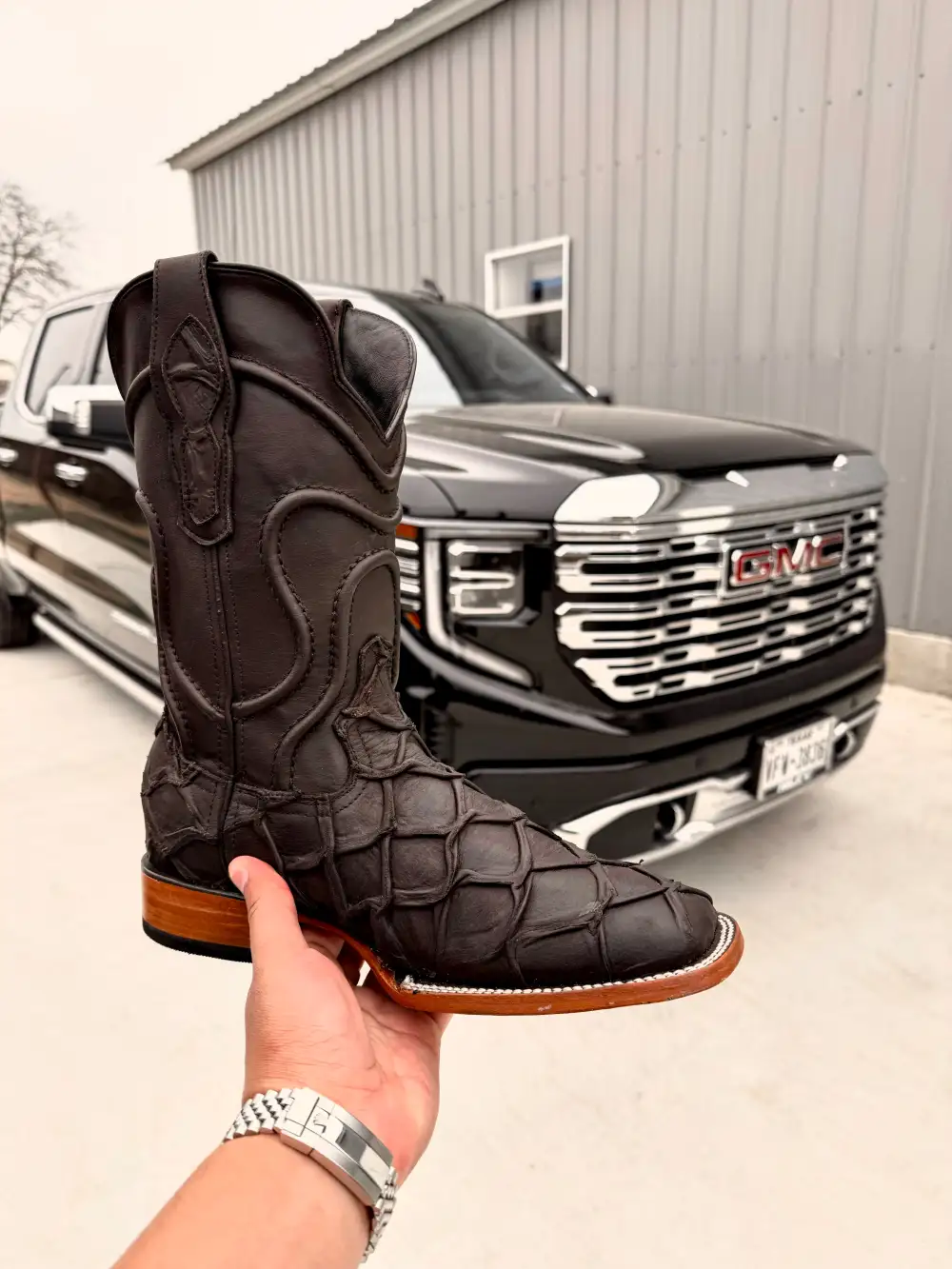 Matte Brown Pirarucu Leather Boots - Square Toe