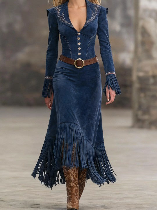 Retro Embroidered Dark Blue Faux Suede Tassel Maxi Dress(Includes belt)