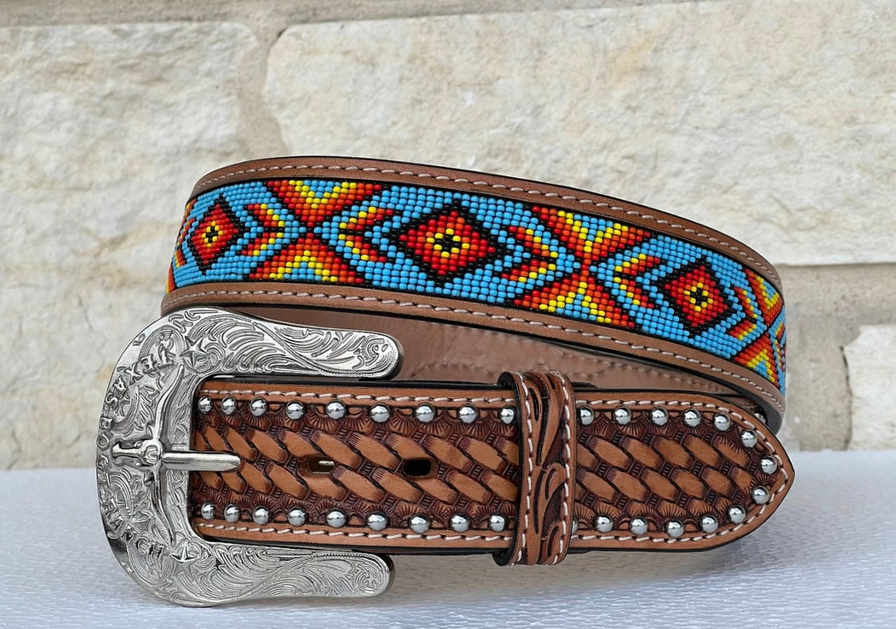 Honey Hand-Tooled Artesanal Beaded Leather Belt