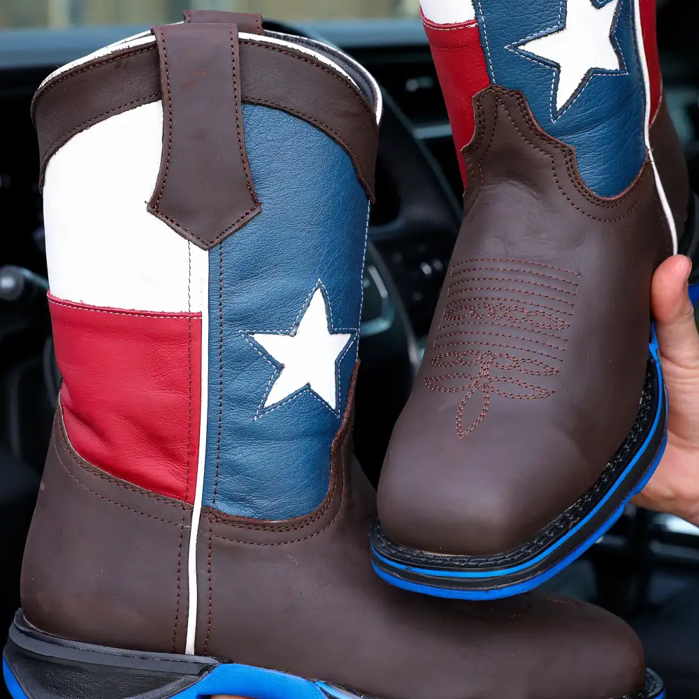 Chocolate Brown TEXAS Flag Leather Work Boots - Composite Toe
