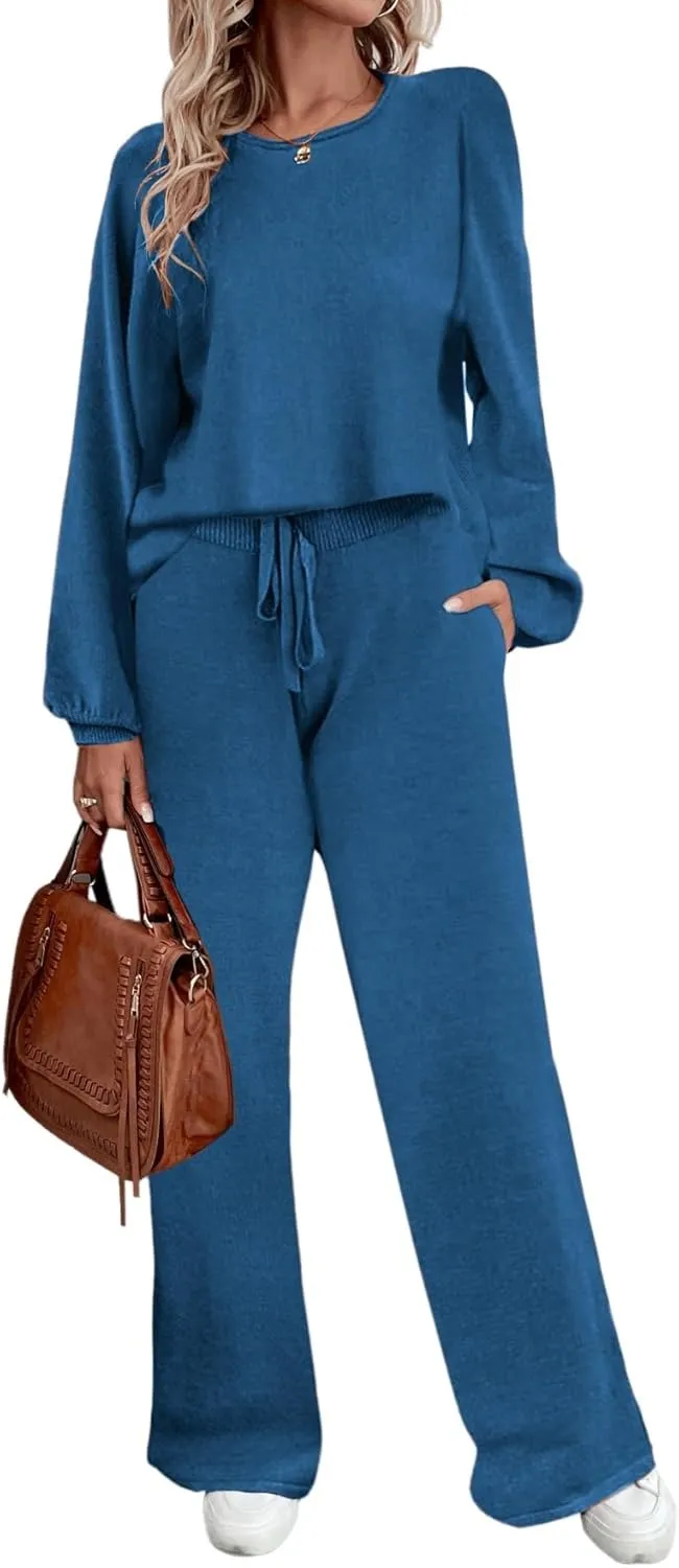 Womens Fall Winter Casual Solid Knitted 2 Piece Sets Long Sleeve Hoodie