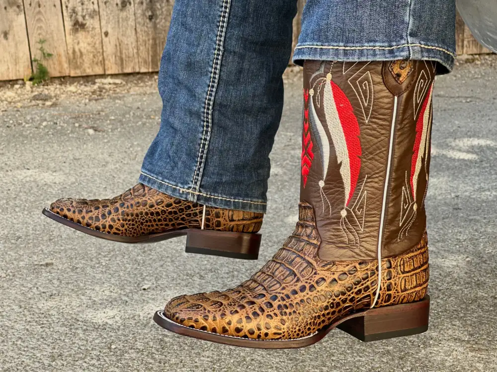 Mens Honey Crocodile Leather Boots With Brown Shaft