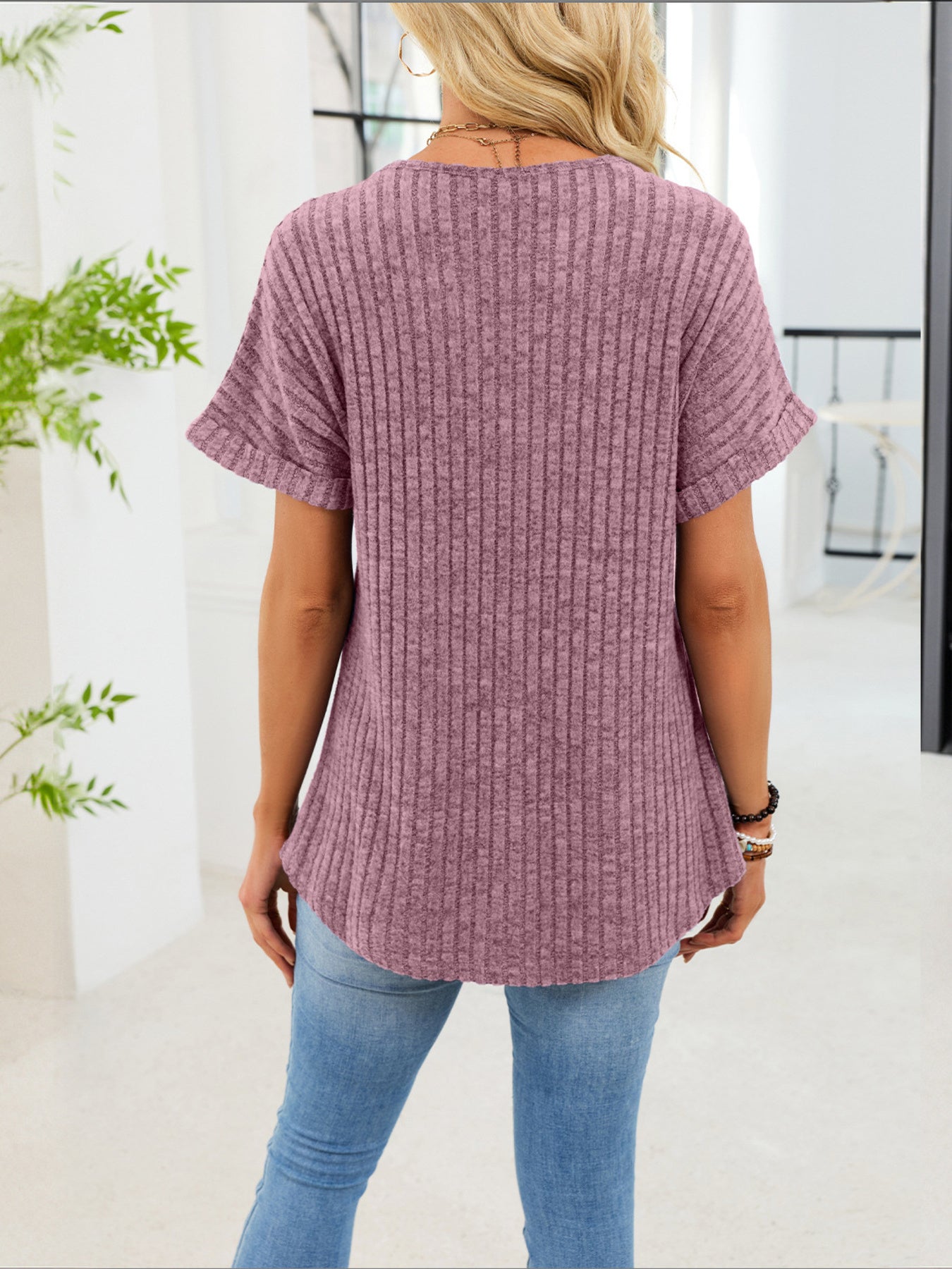 Ribbed Knit Short Sleeve T-Shirt