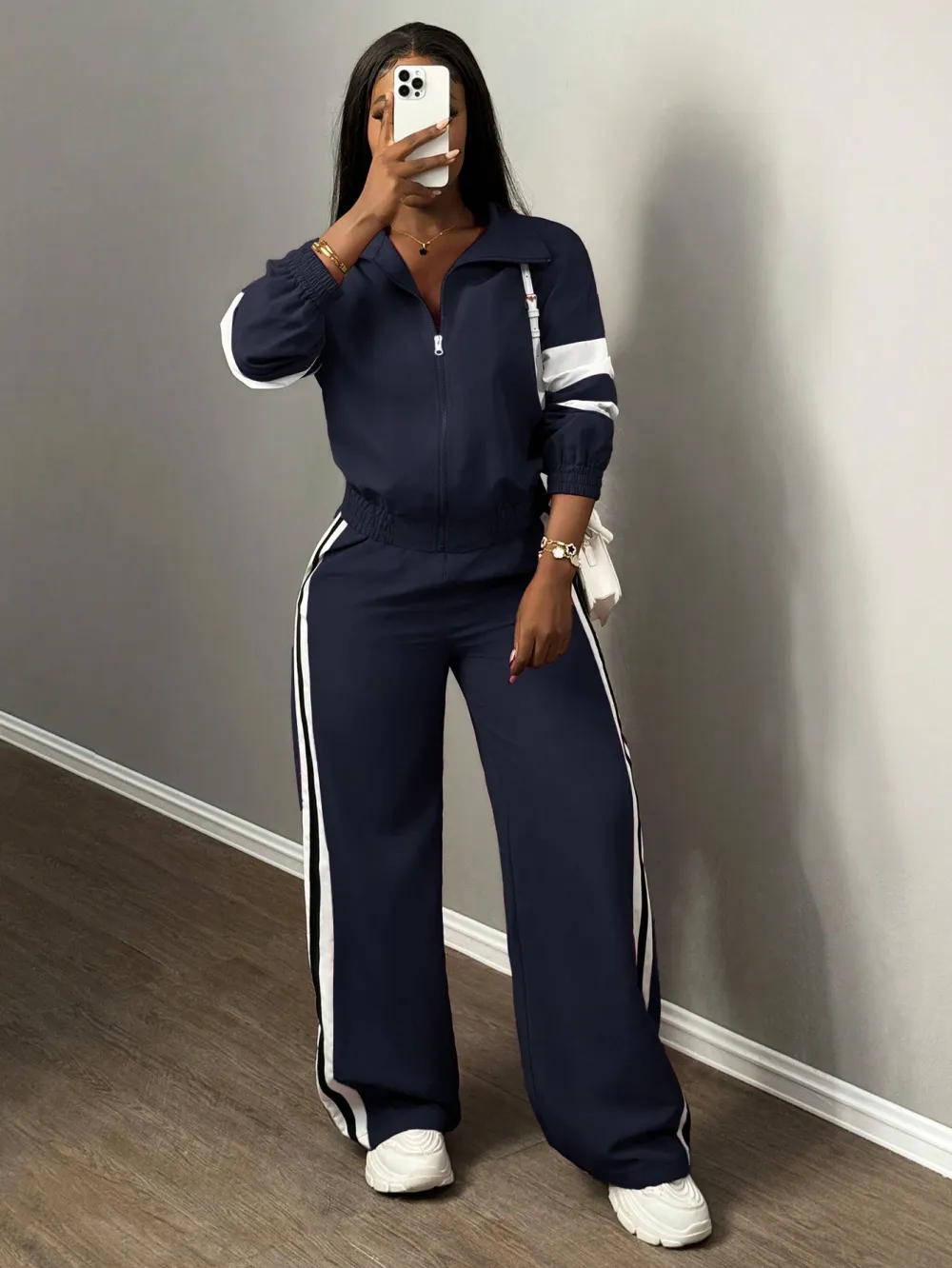 Women'S Zipper Jacket & Striped Wide-Leg Pants Set, Streetwear & Casual, Two-Piece Suit For Daily Wear