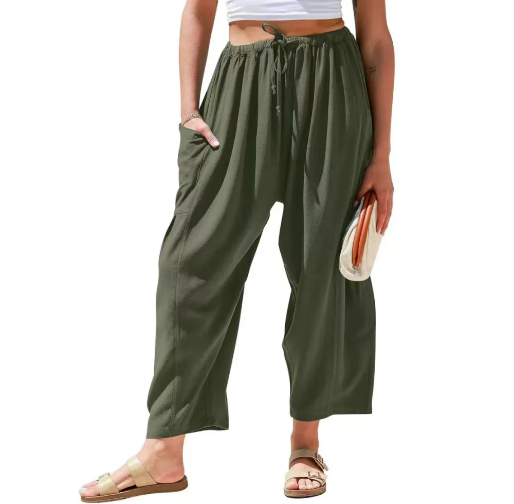 TARSE Women's Linen Wide Leg Pants – Casual Loose-Fit Palazzo Harem Pants with Pockets for Summer Beach Outfits