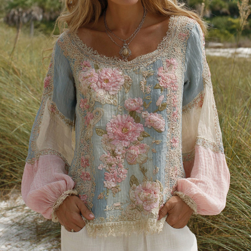 Women's Floral Embroidered Round Neck Comfortable Top