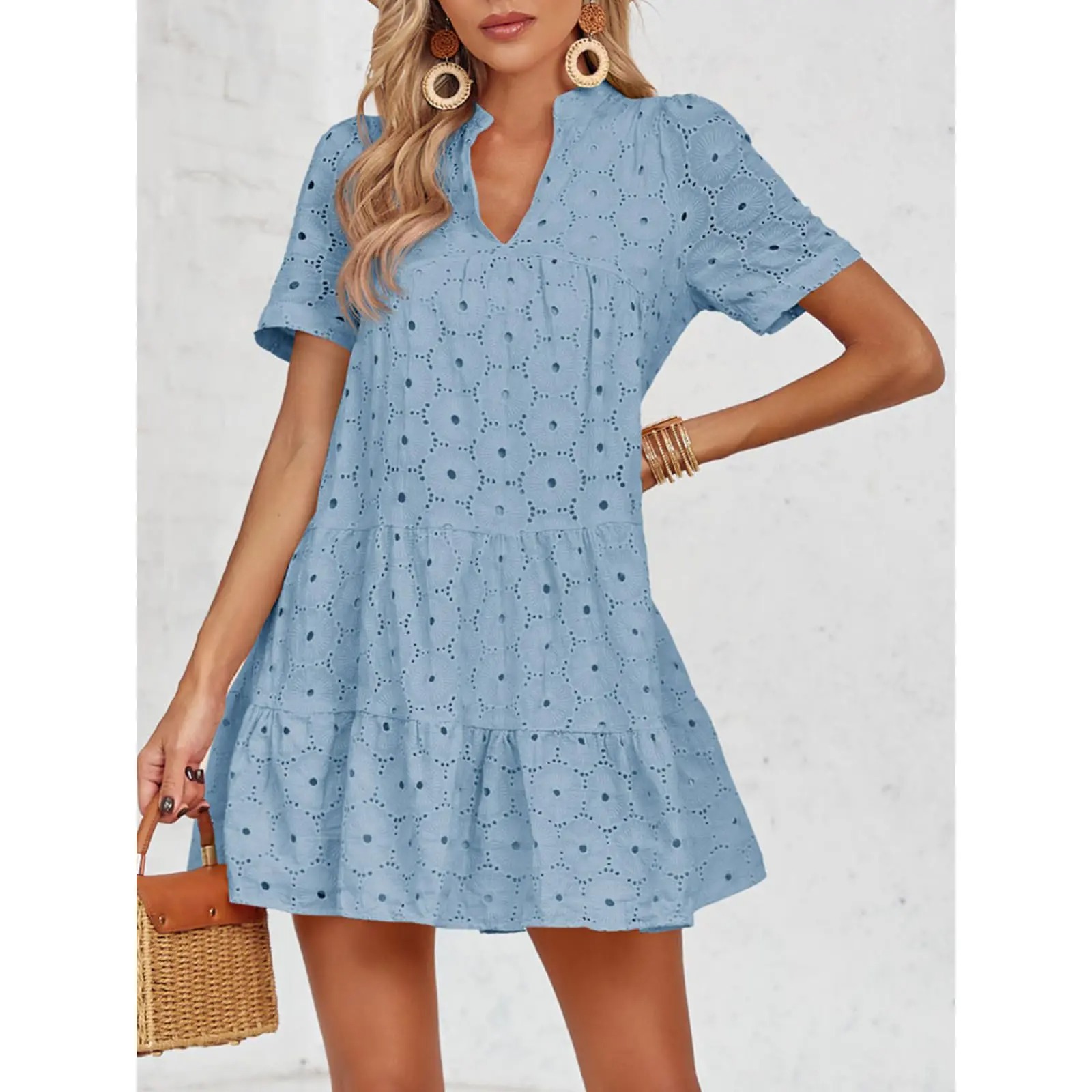 Women’s Eyelet Lace Summer Tunic Dress – Flowy V-Neck Babydoll Style