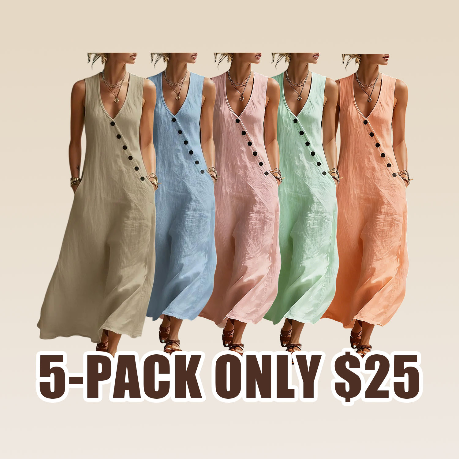 Boho Linen Maxi Dress - Perfect for Beach, Vacation & Brunch! Sleeveless V-Neck Button Detail Casual Dress with Pockets # SleevelessDress