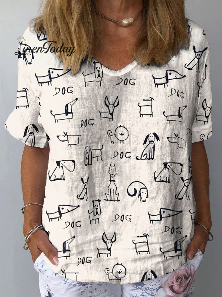 Women's Cute Dog Print Casual Cotton And Linen Shirt