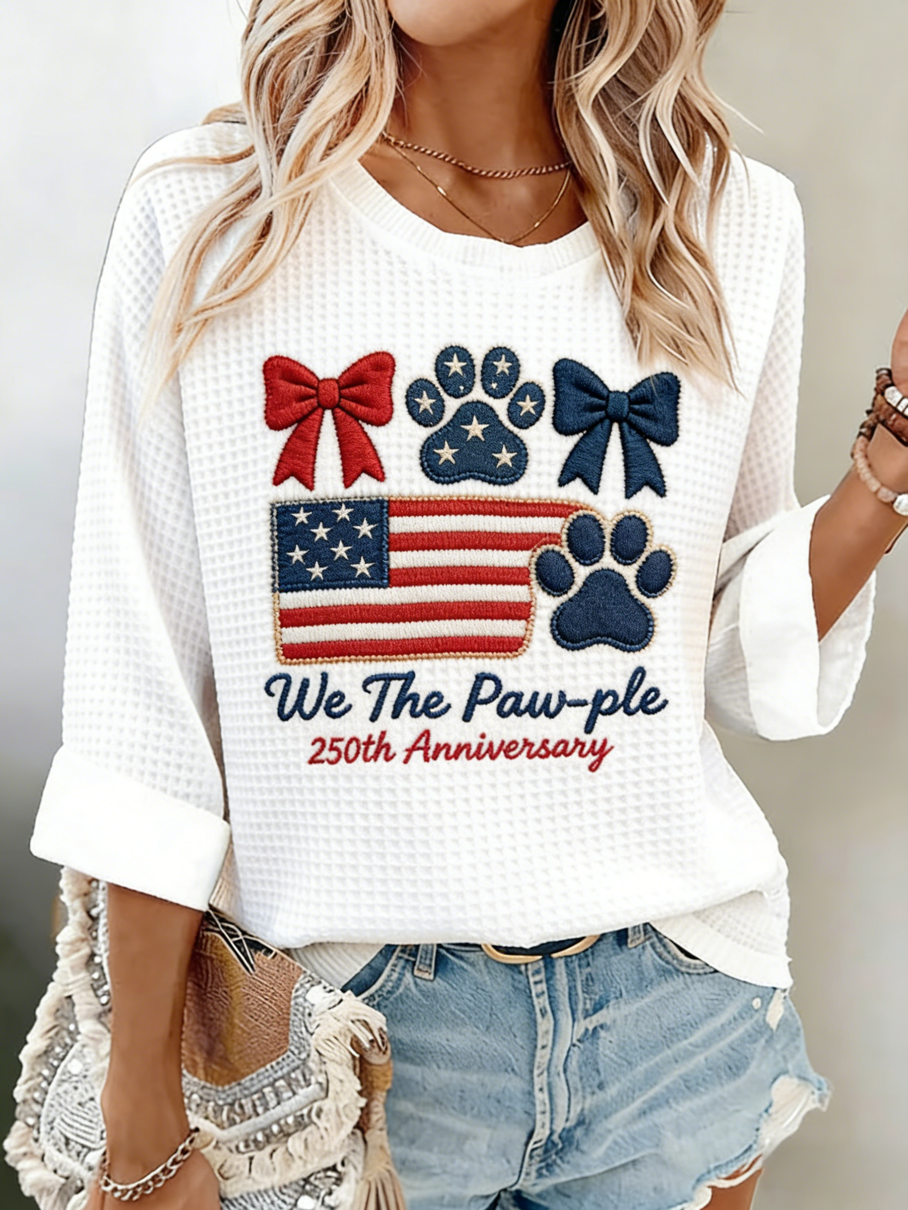 We The Paw-ple 250th Anniversary American Flag Embroidered Waffle Knit Top