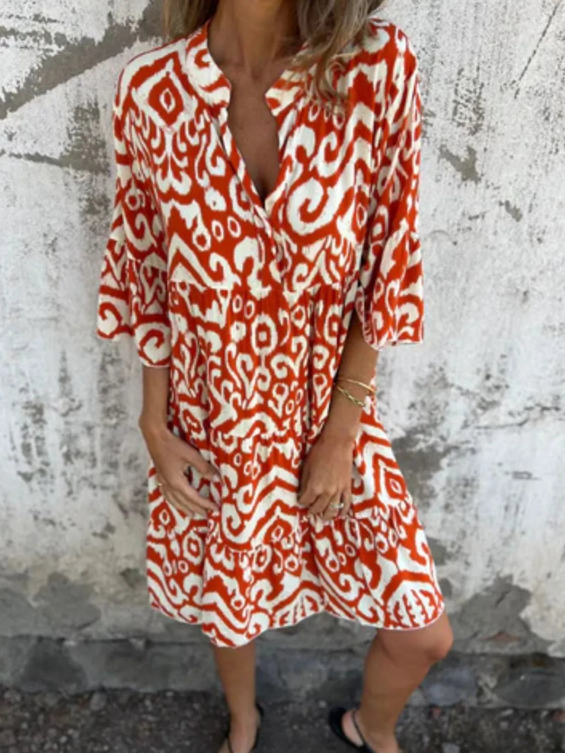 Plus Size Ethnic Print Notched Half Sleeve Midi Dress