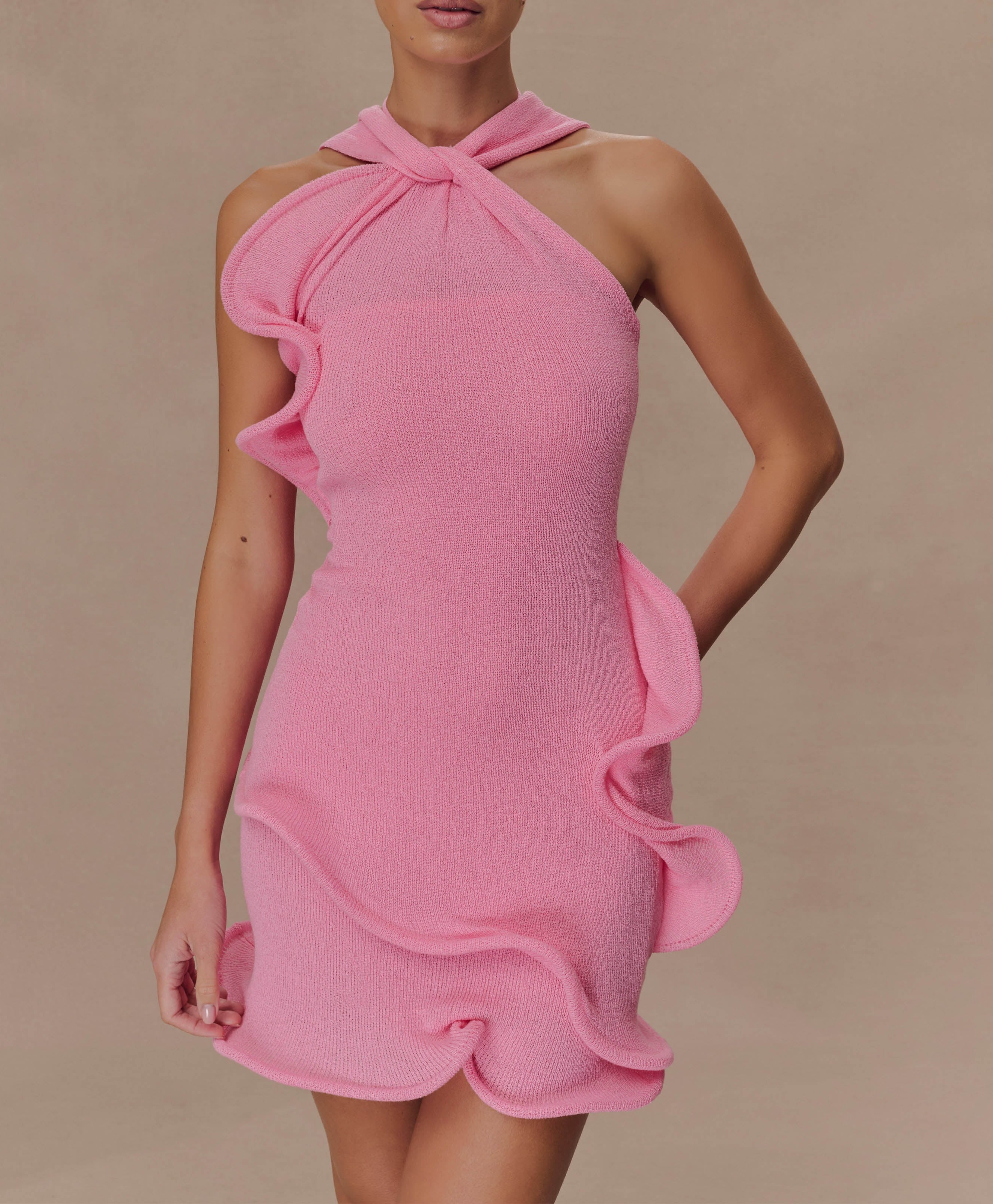 Pink Halter Knit Mini Dress