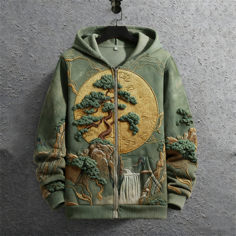 Japanese Pine Tree Waterfall Landscape Embroidered Full Zip Hoodie